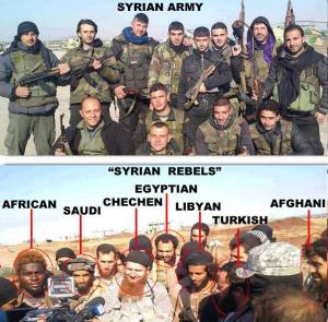 Foto atas: tentara Suriah, semua orang Suriah, Foto bawah: pemberontak Suriah, terdiri dari pasukan asing.